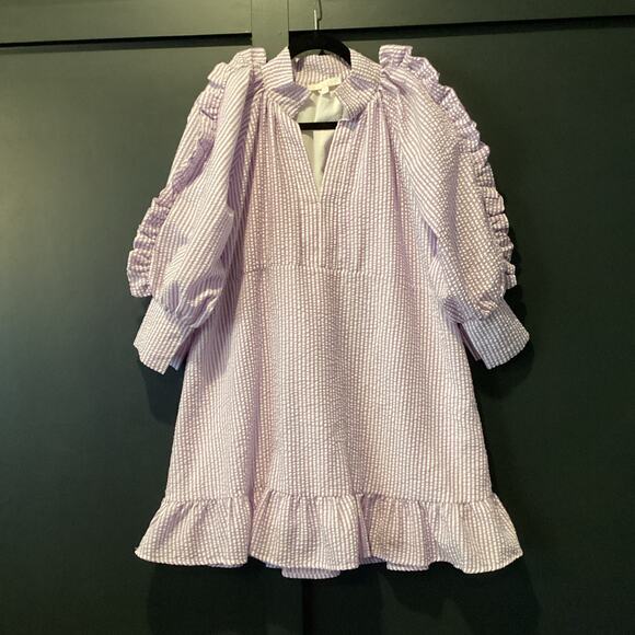 Karlie Seersucker Ruffle shift girlie long sleeve mini Dress purple Lilac S - Picture 2 of 11